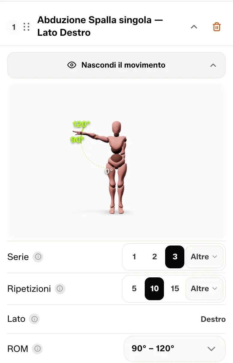 The real Selfmotion configurator: for the right shoulder abduction the physiotherapist sets sets and repetitions and the range of motion (90° to 120°), and the 3D mannequin shows the prescribed movement. Demo data.
