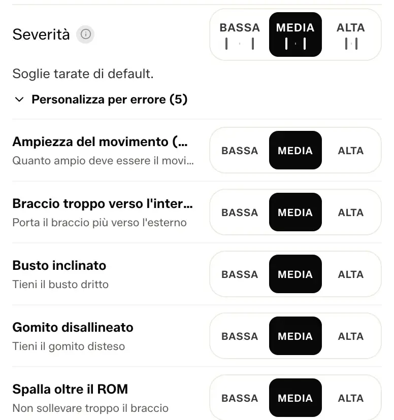 Selfmotion's configurator, under «Customise by error»: for the shoulder abduction you set a low, medium or high strictness for range of movement, arm too far inward, leaning trunk, misaligned elbow and shoulder beyond the range. Demo data. The interface is in Italian.