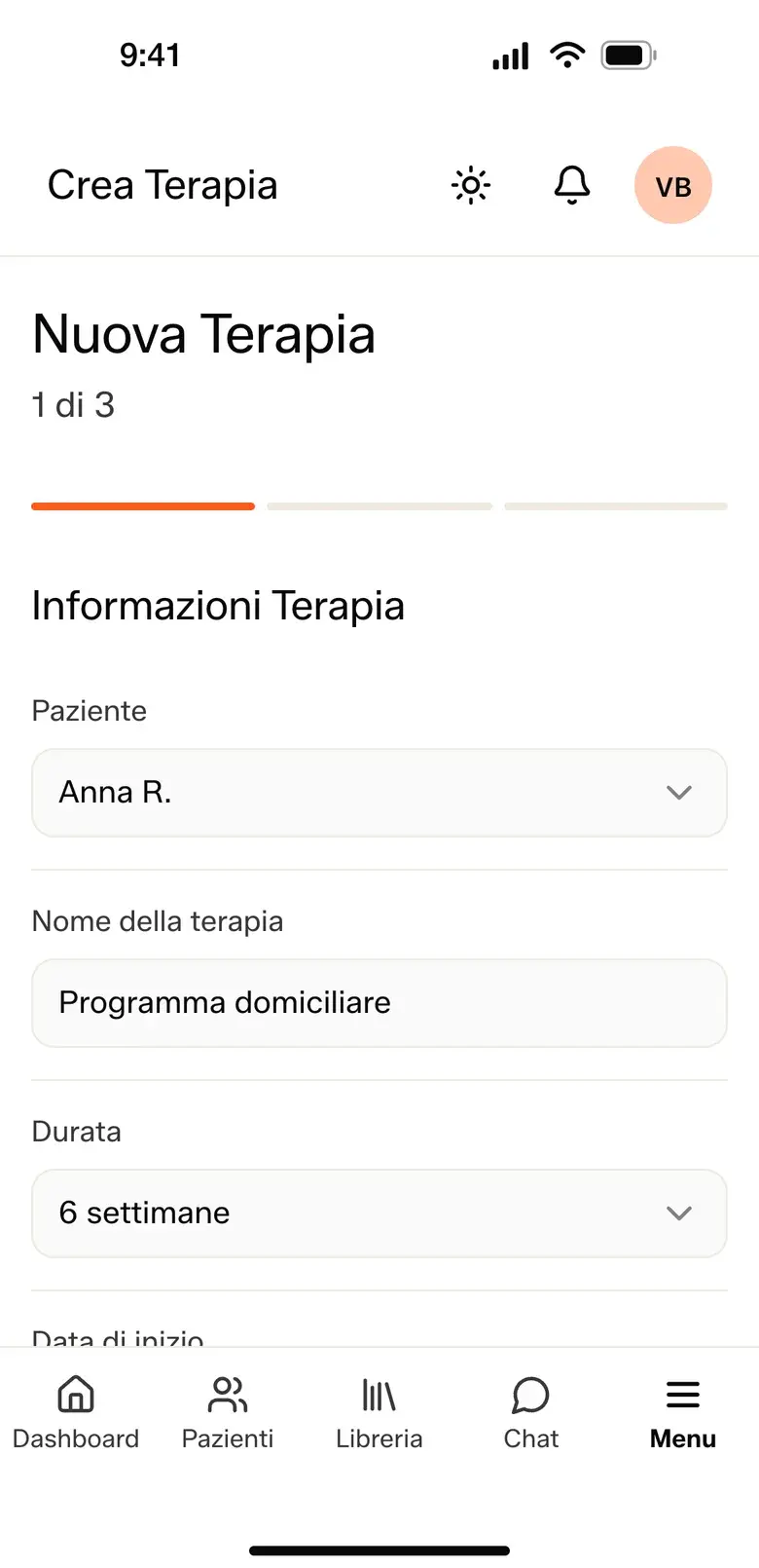 The same screen on a phone: New Therapy for Anna R., with name, duration and start date. Demo data.