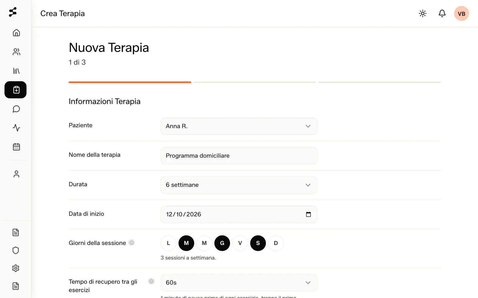 Selfmotion dashboard: the physiotherapist creates a new programme for Anna R. (name, duration, weekdays, rest between exercises). Demo data.