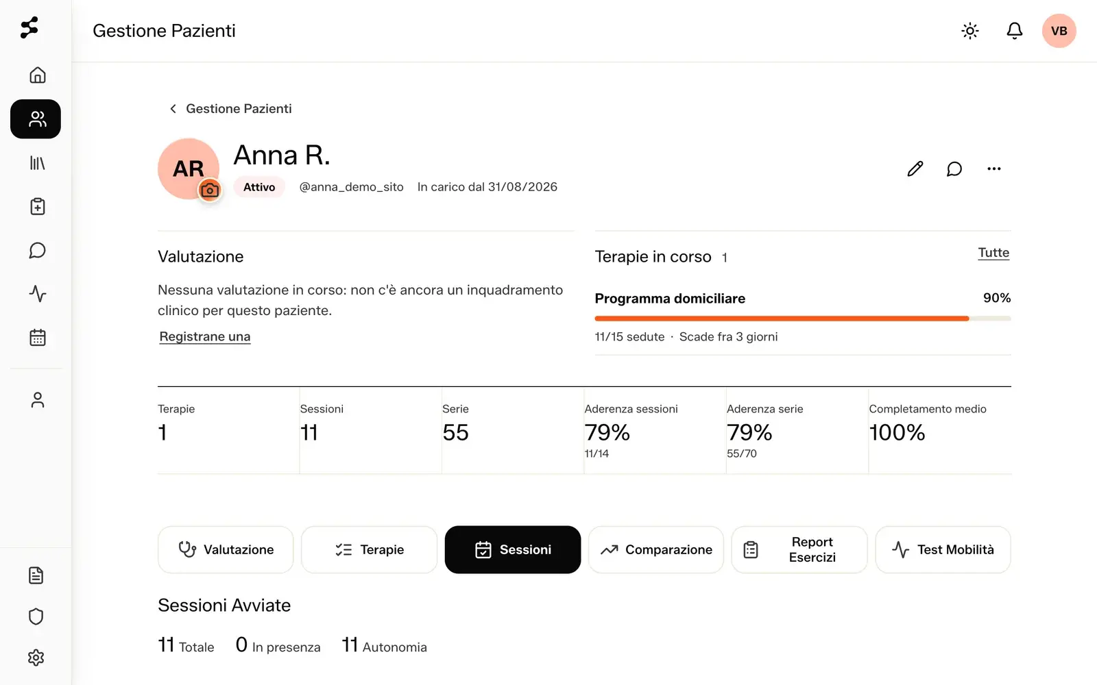 Selfmotion dashboard: Anna R.’s record with session and set adherence and the list of sessions done on her own. Demo data.